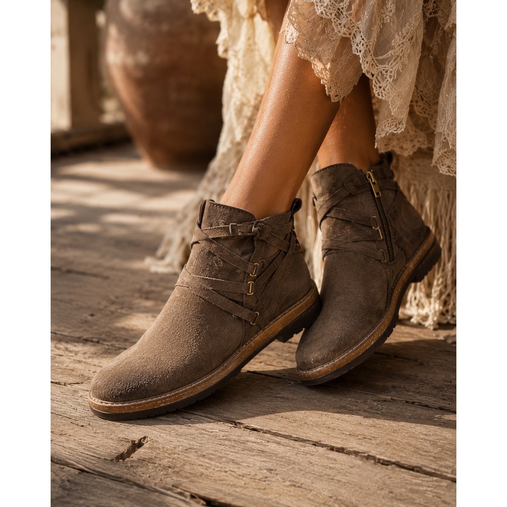 Born Womens Brown Suede Strappy Wrap Ankle Boots Side Zip Boho Booties Size 7.5